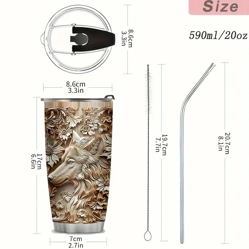 3D Wolf Stainless Steel Insulated Coffee Cup for Camping, Hiking, Outdoor