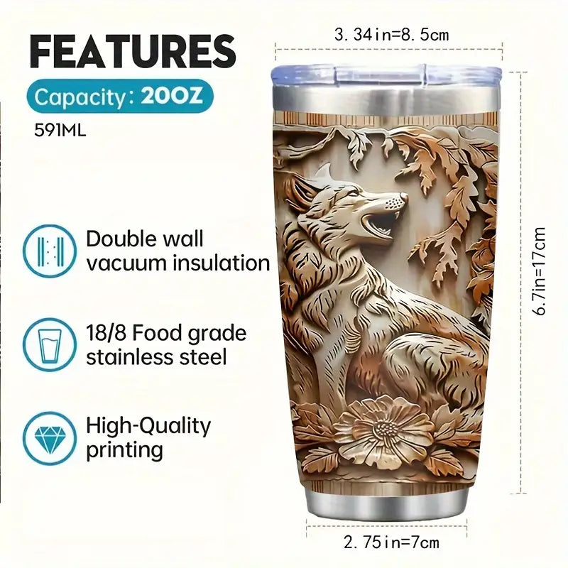 3D Wolf Stainless Steel Insulated Coffee Cup for Camping, Hiking, Outdoor