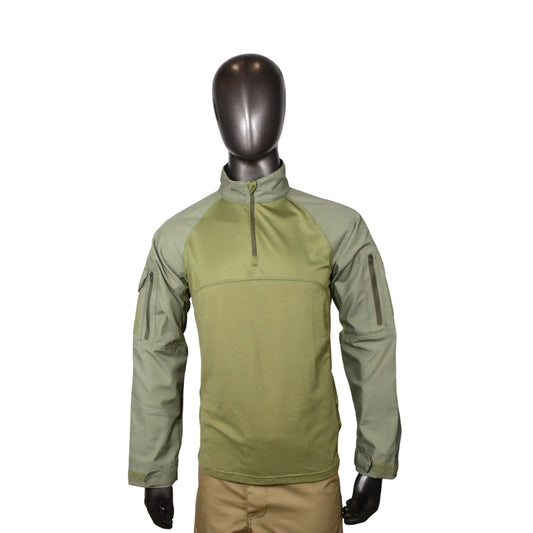 Men's Tactical Army Green Shirt Long Sleeve Shirt with 1-4 Zip and Pockets 